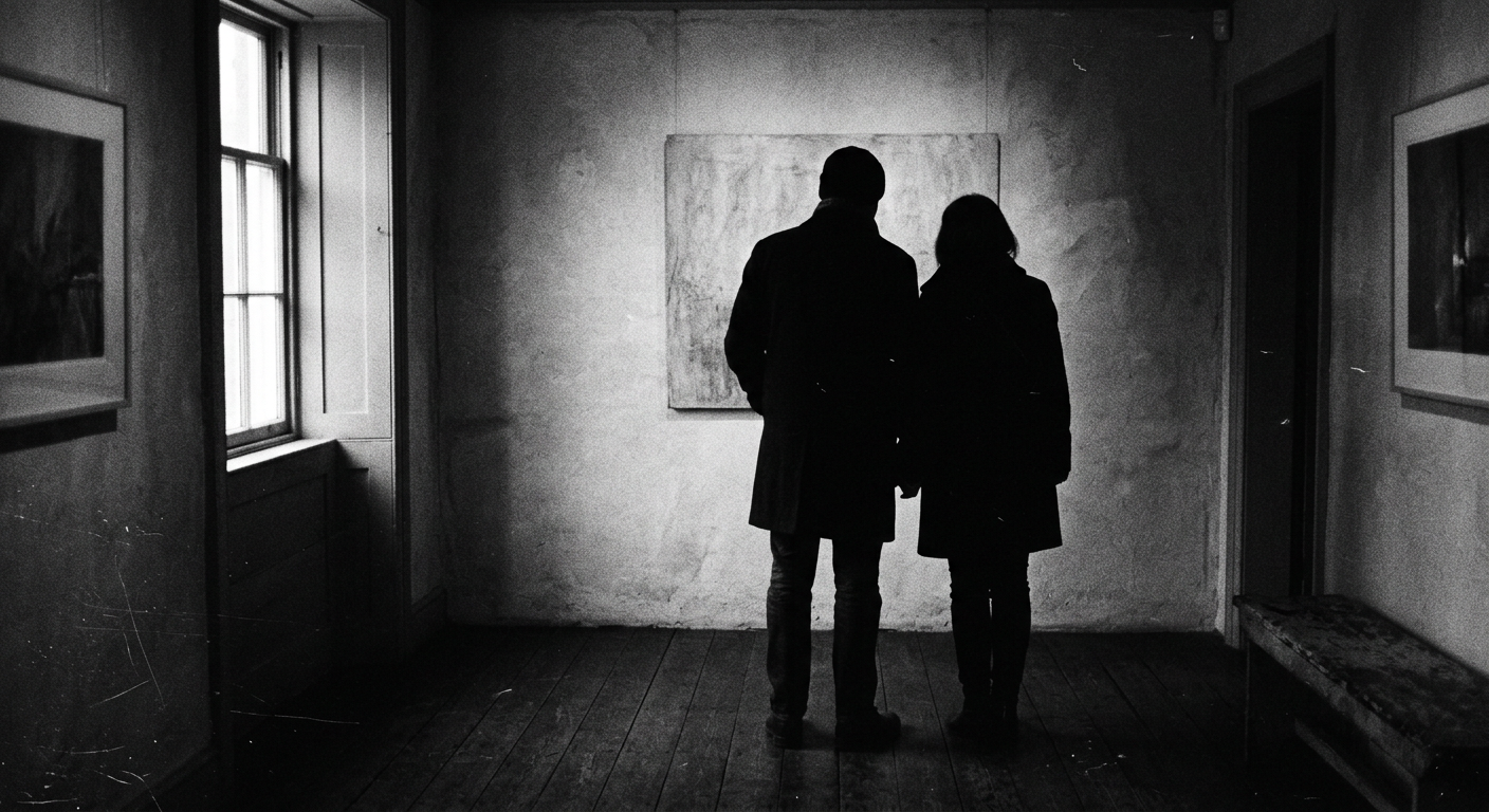 Two figures seen from behind standing before an artwork in a dim private gallery room