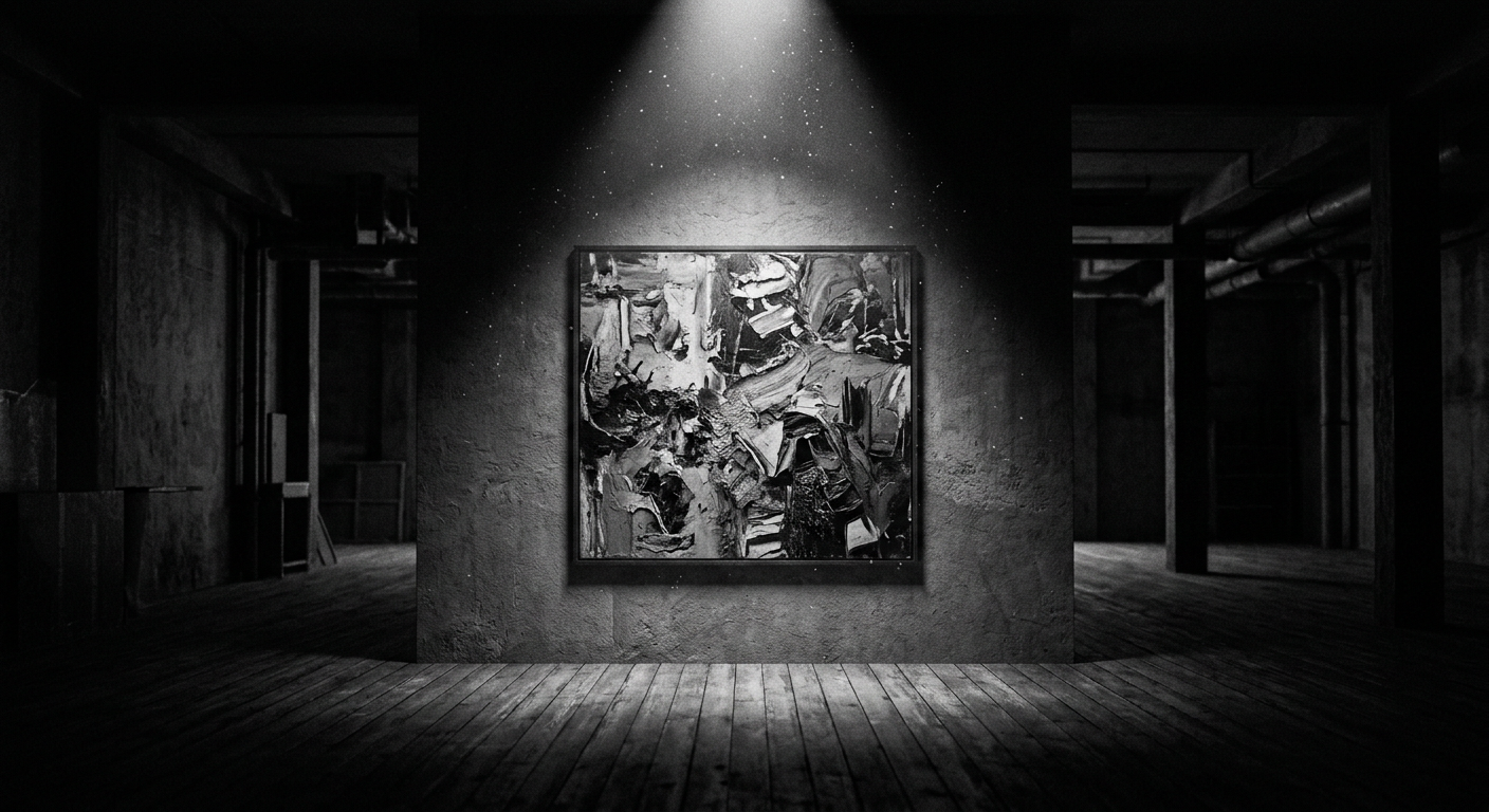 A single large painting lit on a gallery wall in an otherwise dark room